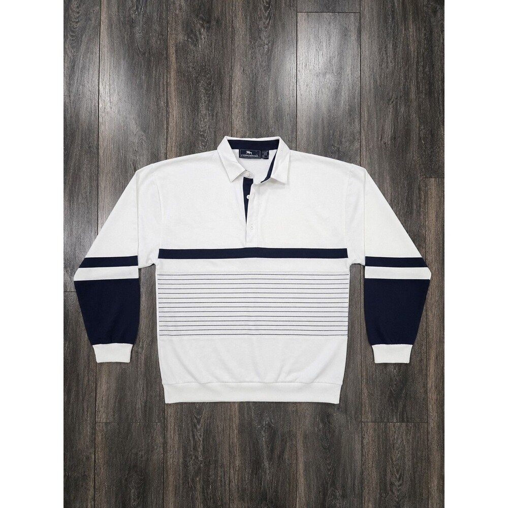 Vintage 90s Steeplechase Mens L Rugby Polo Sweatshirt White Navy Striped Taiwan